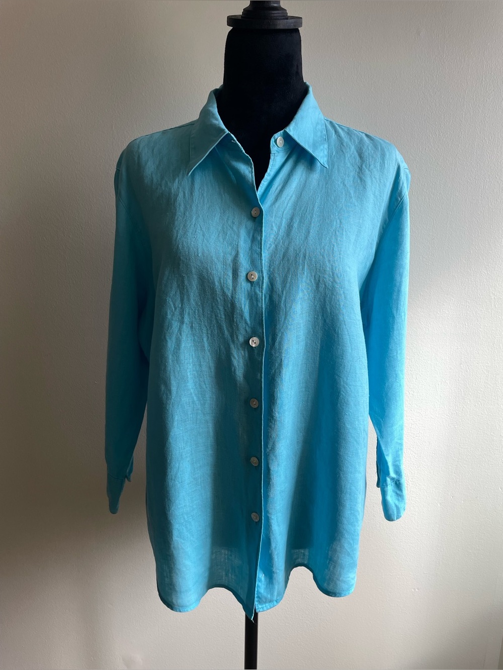 L.L.Bean 100% Linen Shirt L Aqua Turquoise Blue Long Sleeve